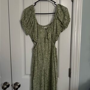 Green Leaf Print Dress with side slits